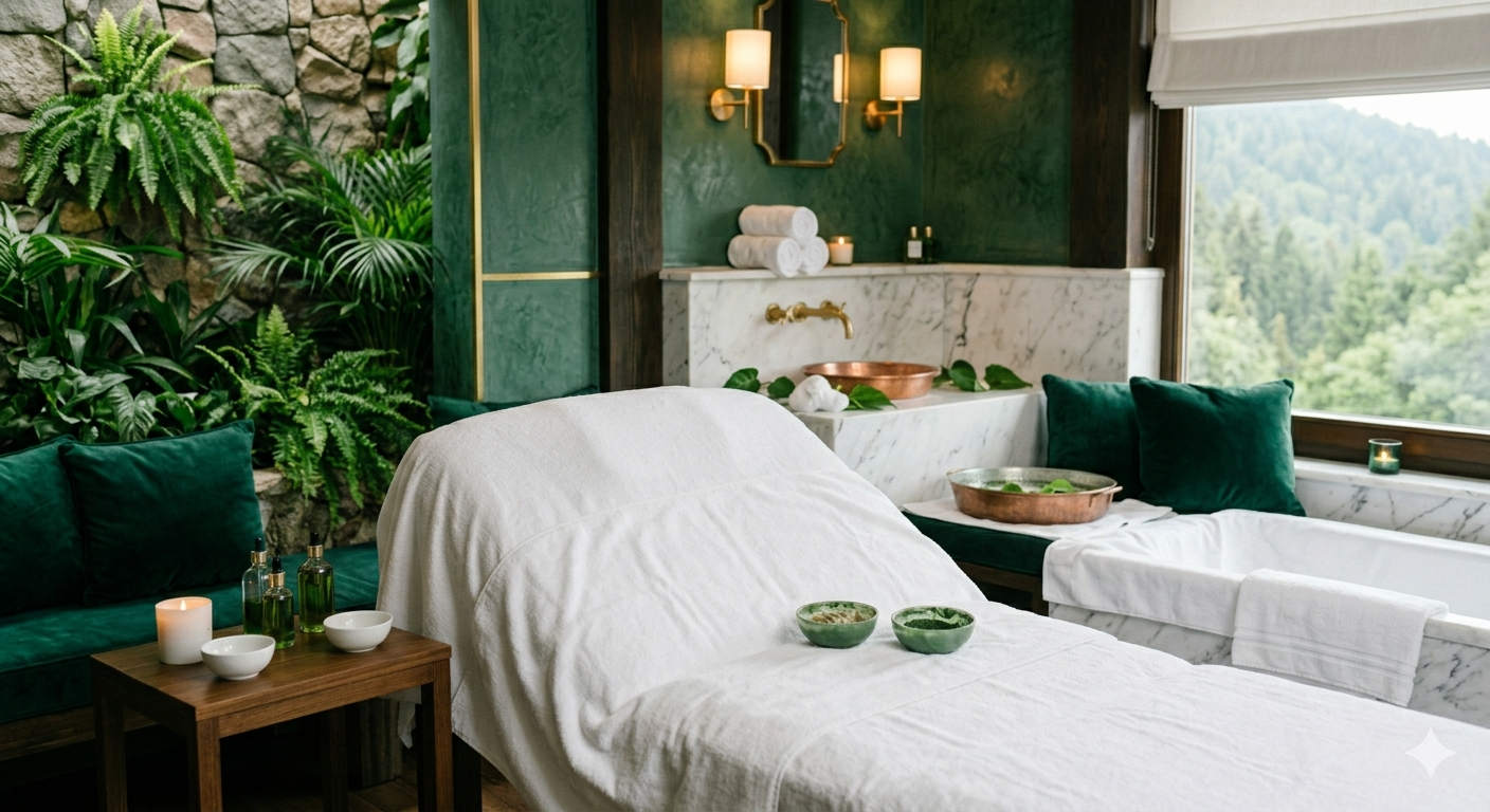 A calm spa treatment room in Tirana at golden hour